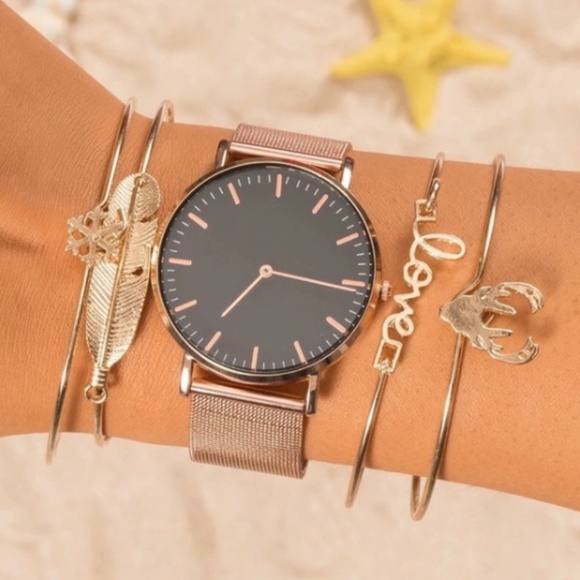 ❤HP❤ Gold Bangle Bracelet Set 4 Deer Love Leaf New - Picture 2 of 6